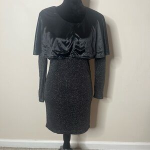 Maison Women’s Black Glitter Satin Shawl//Hood Long Sleeve Stretch Mini Dress‎ L